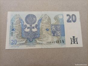 International Banknotes: Billete de Checoslovaquia de 20 korun, nº bajo, serie A09021314, año 1994, UNC